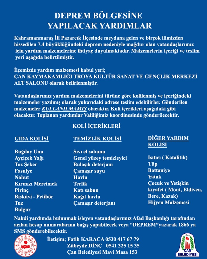 İlçemizde Deprem Bölgesine Yardım Kampanyası Başlamıştır